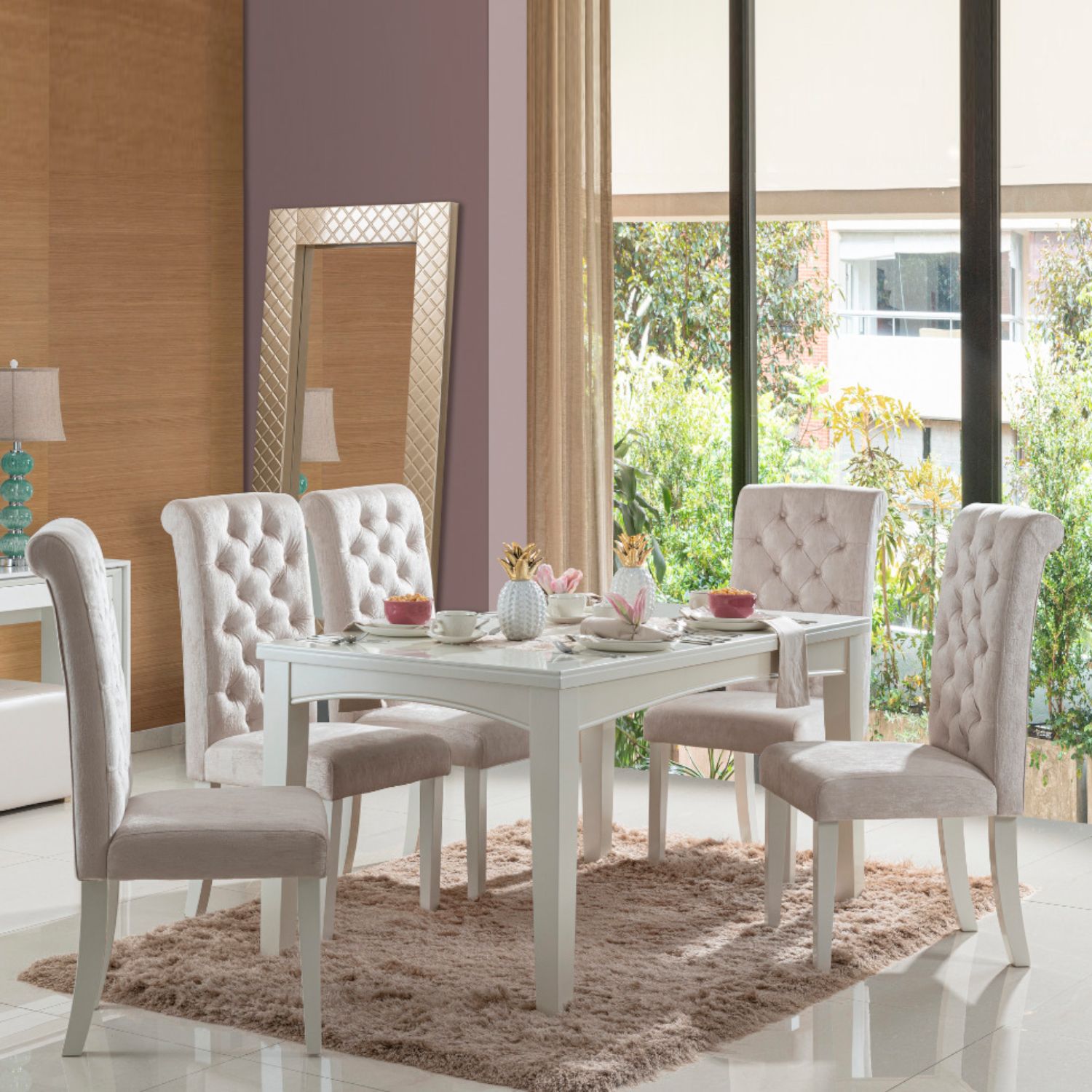 Comedor 6 Puestos Milano Chenille Beige Blanco Perla Muebles Jamar