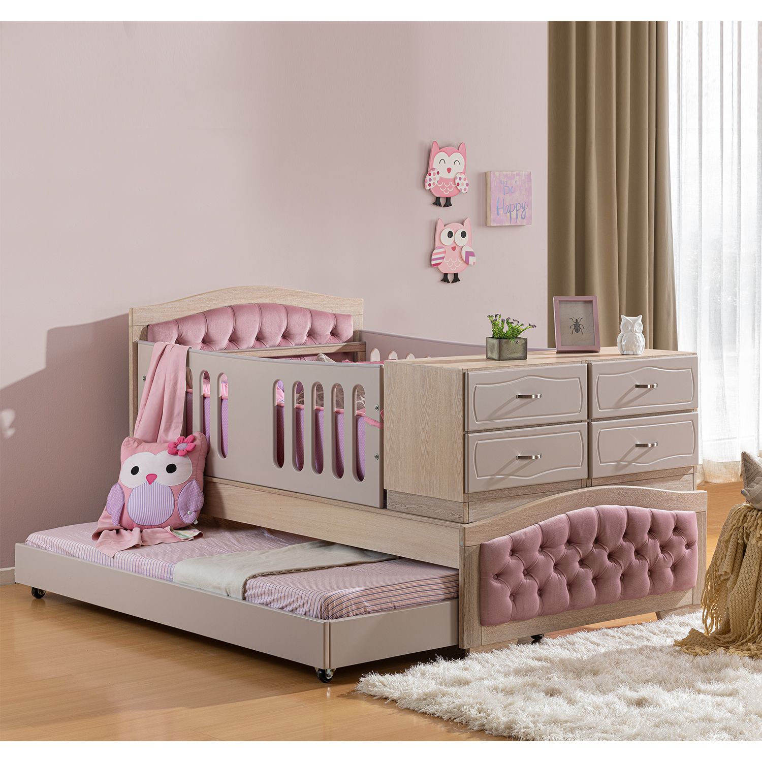 Cama infantil Happy Rosado Colección con cajón y colchón