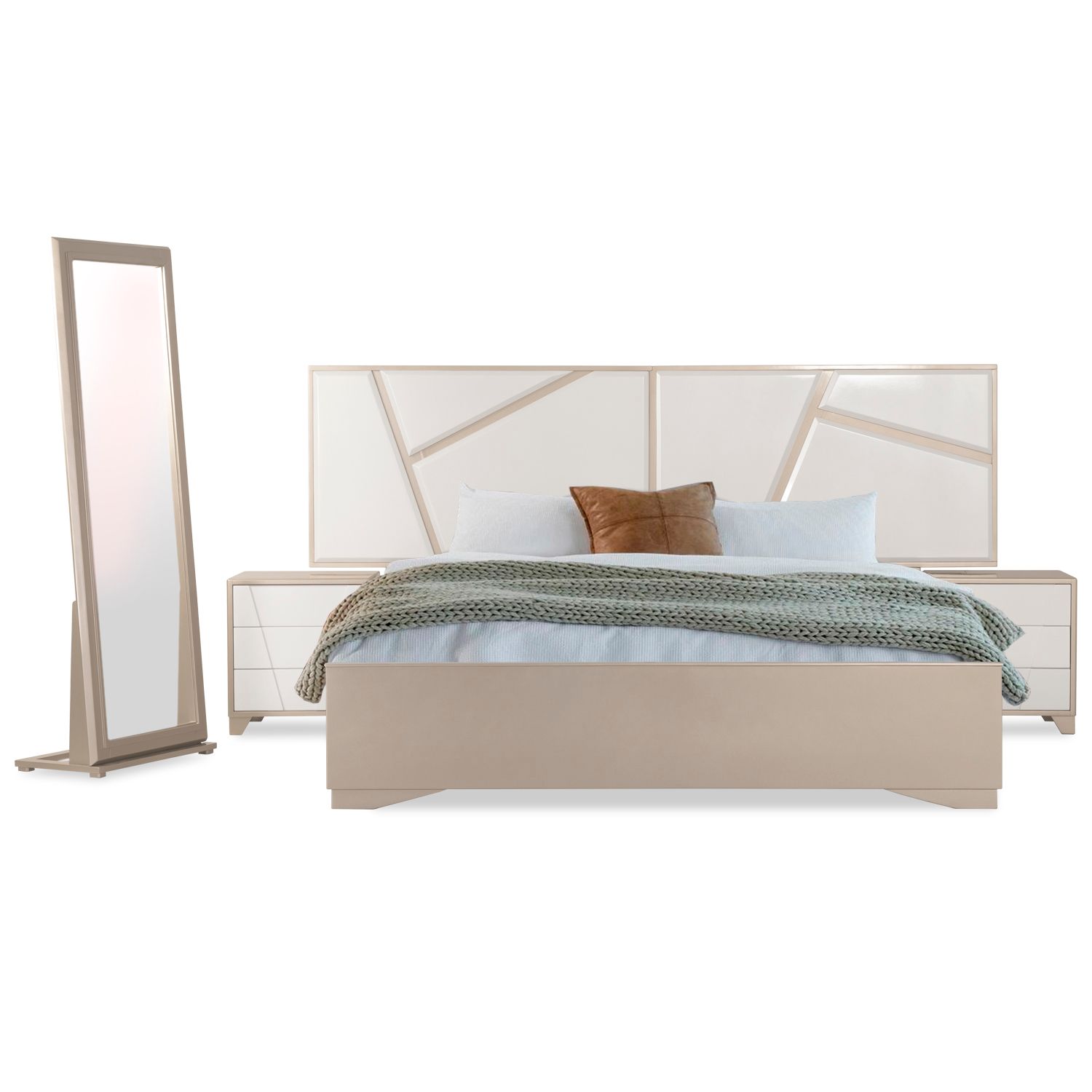 Cama Doble Munich Champaña, Blanco Perla